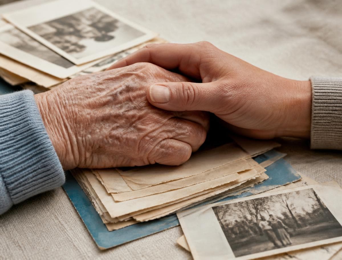 Loved ones holding hands over family photographs